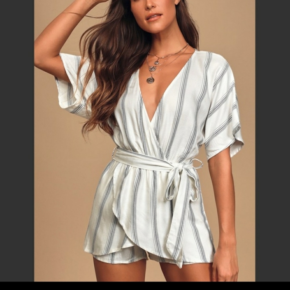 Lulus | White Gray Stripe Climb Aboard Tie Romper